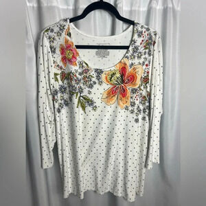 Investments Essential Floral Blouse Women Size 2X Floral 3/4 Sleeve Polkadot